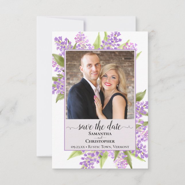 Rustic Watercolor Lilacs & Photo Lavender Wedding Save The Date (Front)