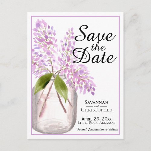 Rustic Watercolor Lilacs Wedding Save the Date Invitation Postcard