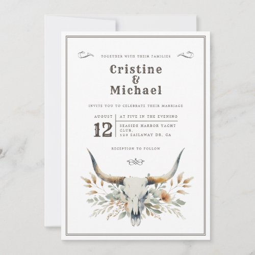 Rustic watercolor longhorn skull wedding invitation