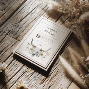 Rustic watercolor longhorn skull wedding invitation