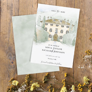 Rustic Watercolor Manor House Italy Save the Date Invitation