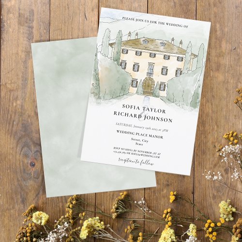Rustic Watercolor Manor House Italy Toscany Invitation