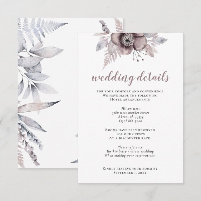 Rustic Watercolor Mauve Floral Botanical Wedding Enclosure Card (Front/Back)