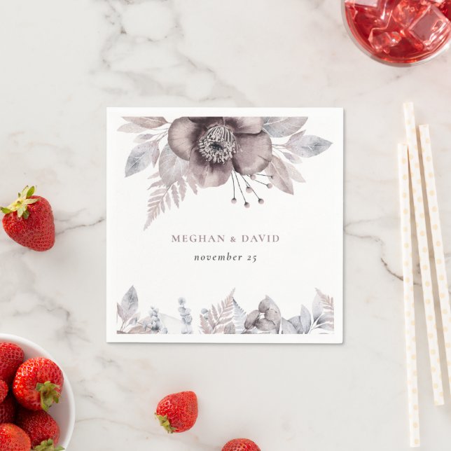 Rustic Watercolor Mauve Floral Botanical Wedding Napkins (Insitu)