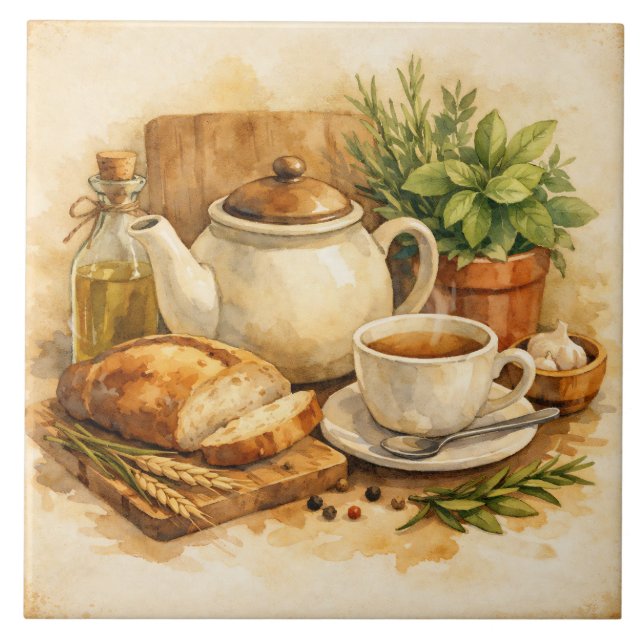 Rustic Watercolor Mediterranean Breakfast  Ceramic Tile (Front)