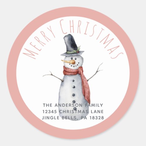 Rustic Watercolor Merry Christmas Snowman Family   Classic Round Sticker