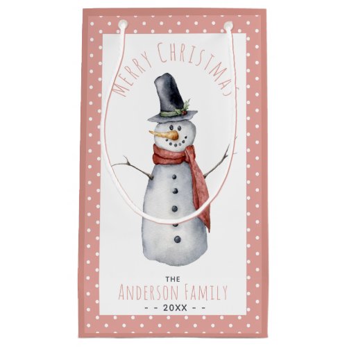 Rustic Watercolor Merry Christmas Snowman Family Small Gift Bag
