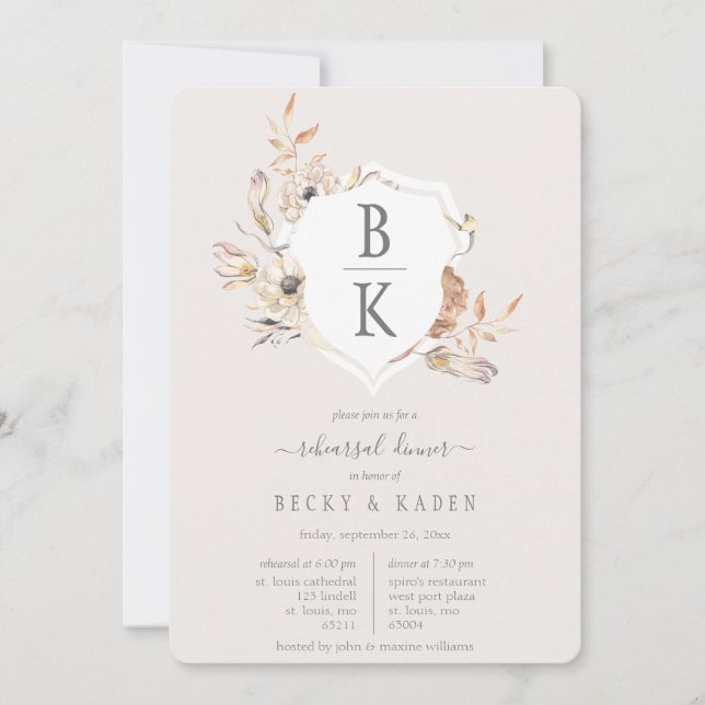 Rustic Watercolor Monogram Crest Rehearsal Dinner Invitation (Front)