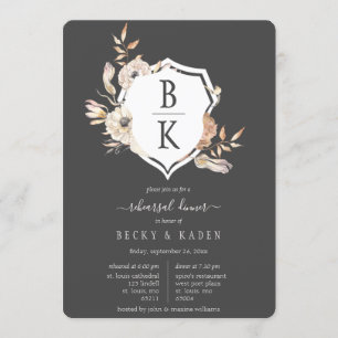 Rustic Watercolor Monogram Crest Rehearsal Dinner Invitation