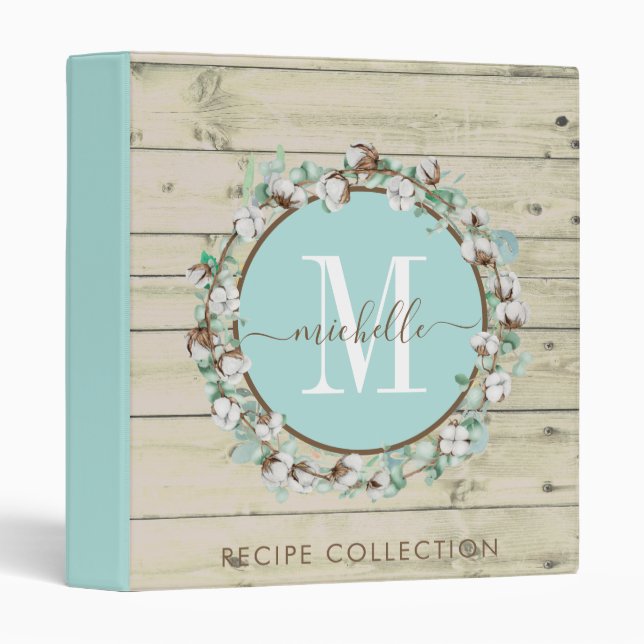 Rustic Watercolor Monogram Wreath Kitchen Recipe 3 Ring Binder (Front/Spine)