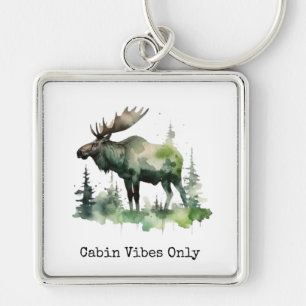 Rustic Watercolor Moose Custom Cabin Forest Art Keychain