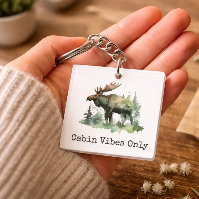 Rustic Watercolor Moose Custom Cabin Forest Art Keychain (Creator Uploaded)