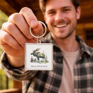 Rustic Watercolor Moose Custom Cabin Forest Art Keychain