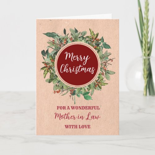 Rustic Watercolor Mother in Law Merry Christmas Card