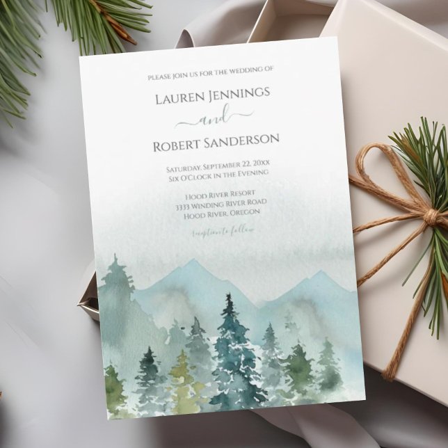 Rustic Watercolor Mountain Evergreen Tree Wedding Invitation (Creator Uploaded)