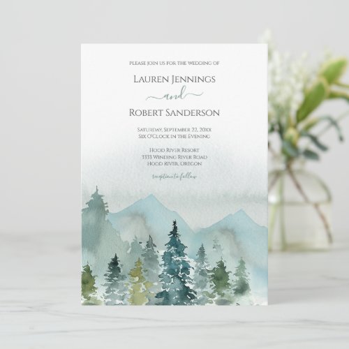 Rustic Watercolor Mountain Evergreen Tree Wedding Invitation