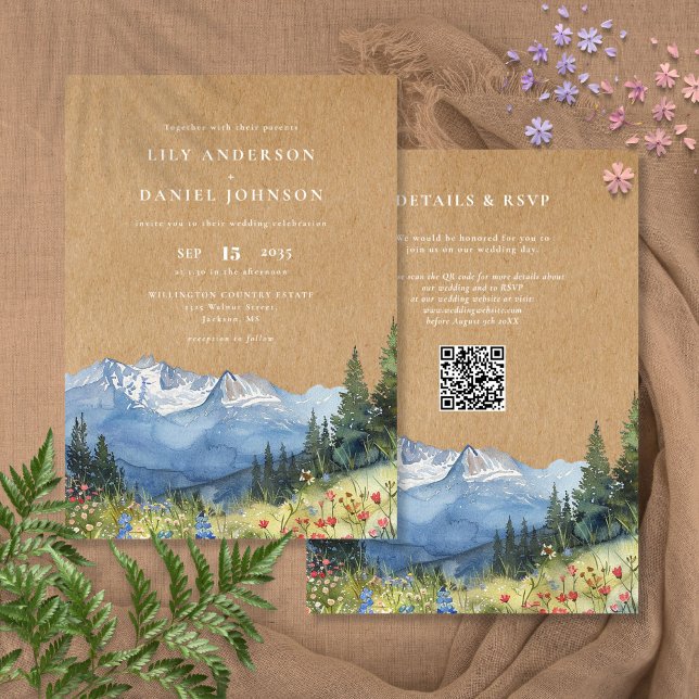 Rustic Watercolor Mountain Floral QR Code Wedding Invitation (Rustic Watercolor Mountain Floral QR Code Wedding Invitation)