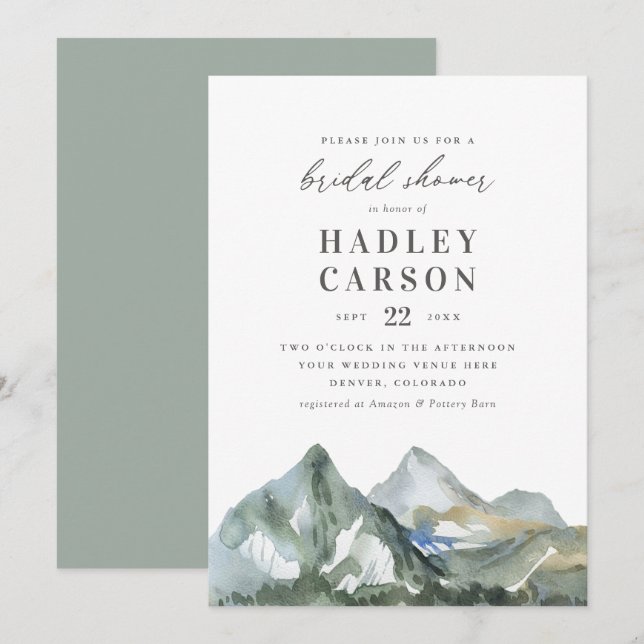 Rustic Watercolor Mountain Forest Bridal Shower Invitation (Front/Back)