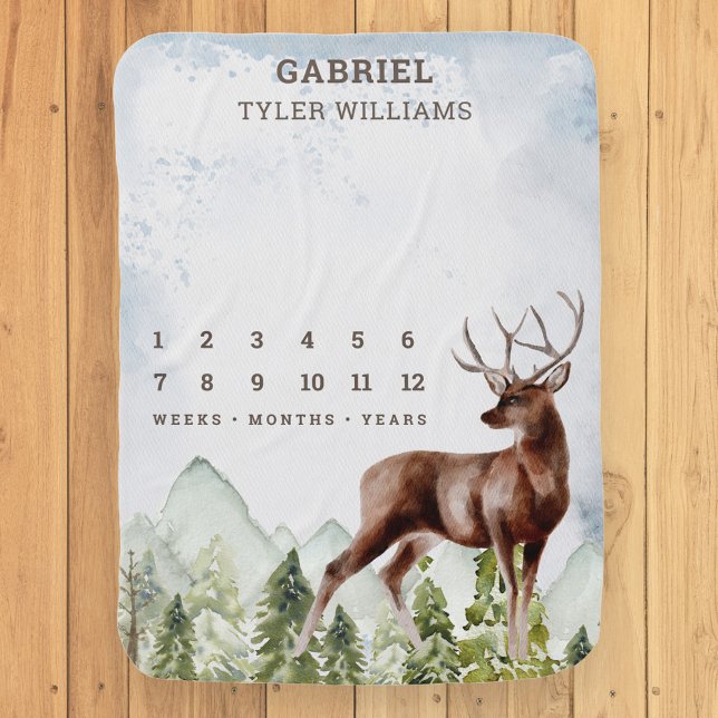 Rustic Watercolor Mountain Forest Deer Milestone Baby Blanket (Creator Uploaded)