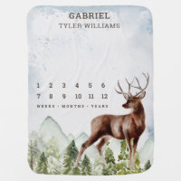 Rustic Watercolor Mountain Forest Deer Milestone Baby Blanket