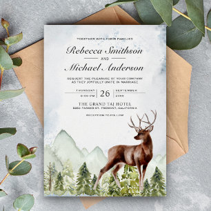 Rustic Watercolor Mountain Forest Deer Wedding Invitation