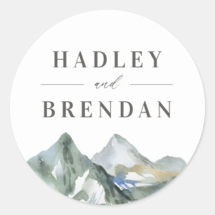 Rustic Watercolor Mountain Forest Wedding Classic Round Sticker