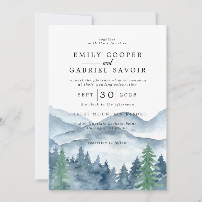 Rustic Watercolor Mountain Forest Wedding  Invitation (Front)