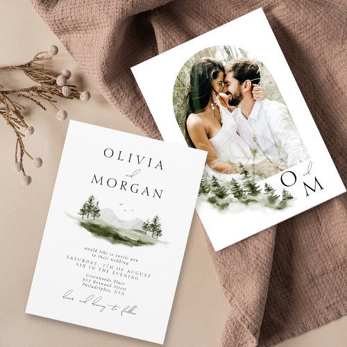 Rustic Watercolor Mountain Forest Wedding Photo Invitation