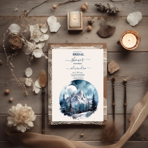 Rustic Watercolor Mountain Forest Winter Bridal Invitation