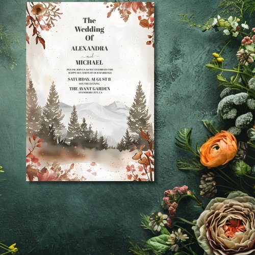 Rustic Watercolor Mountain Forest Winter Invitation