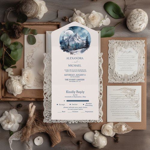 Rustic Watercolor Mountain Forest Winter Wedding All In One Invitation