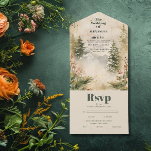 Rustic Watercolor Mountain Forest Winter Wedding All In One Invitation