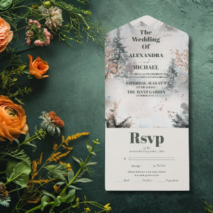 Rustic Watercolor Mountain Forest Winter Wedding All In One Invitation