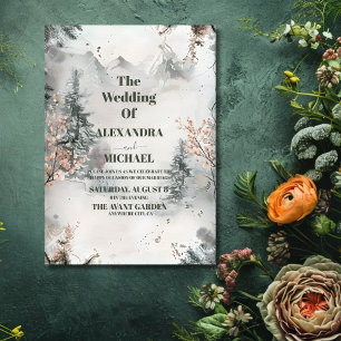 Rustic Watercolor Mountain Forest Winter Wedding Invitation