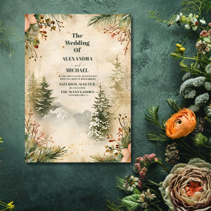 Rustic Watercolor Mountain Forest Winter Wedding Invitation