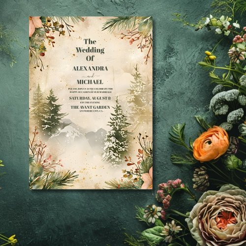 Rustic Watercolor Mountain Forest Winter Wedding Invitation