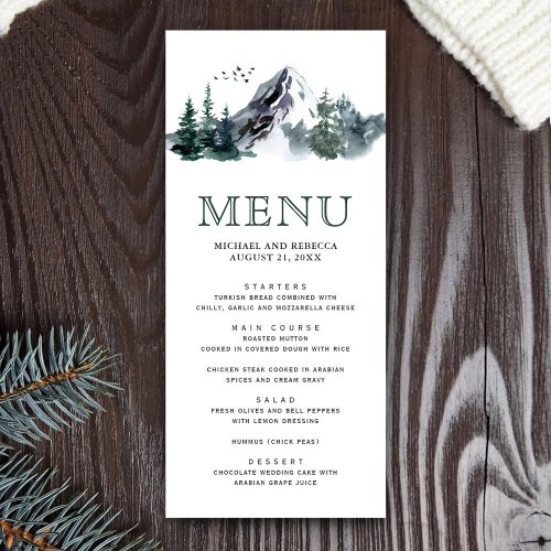 Rustic Watercolor Mountain Forest Winter Wedding Menu