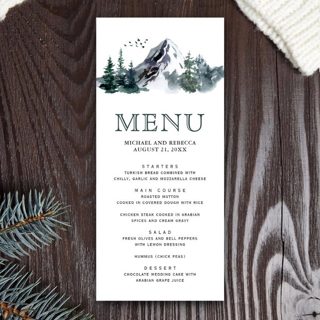 Rustic Watercolor Mountain Forest Winter Wedding Menu (Creator Uploaded)