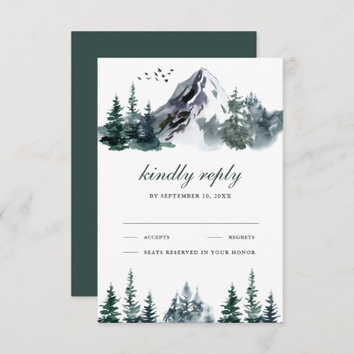 Rustic Watercolor Mountain Forest Winter Wedding RSVP Card
