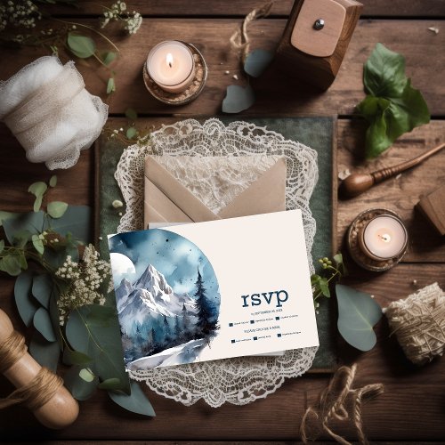 Rustic Watercolor Mountain Forest Winter Wedding RSVP Card