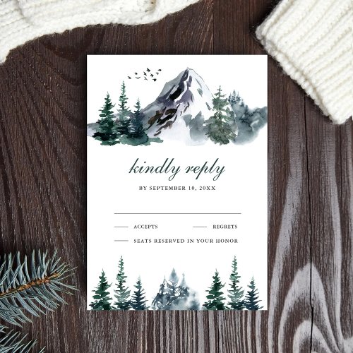 Rustic Watercolor Mountain Forest Winter Wedding RSVP Card