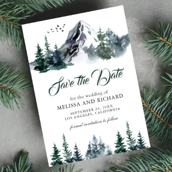 Rustic Watercolor Mountain Forest Winter Wedding Save The Date by ShabzDesigns at Zazzle