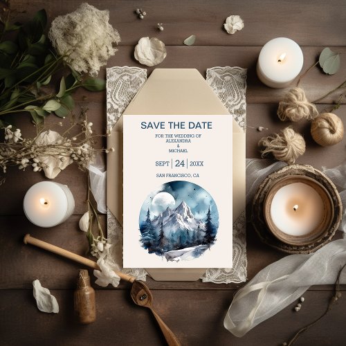 Rustic Watercolor Mountain Forest Winter Wedding Save The Date