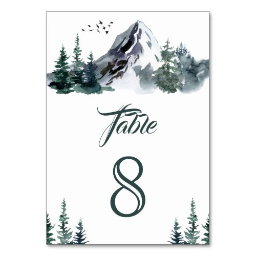 Rustic Watercolor Mountain Forest Winter Wedding Table Number