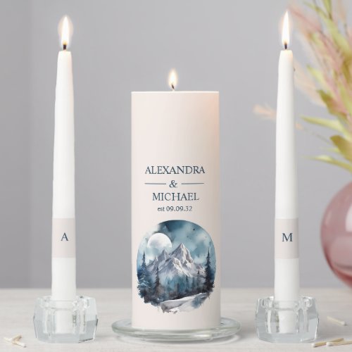 Rustic Watercolor Mountain Forest Winter Wedding Unity Candle Set