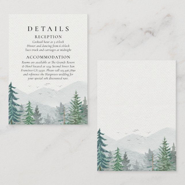 Rustic Watercolor Mountain Green Pine Tree Wedding Enclosure Card (Front/Back)