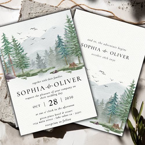 Rustic Watercolor Mountain Green Pine Tree Wedding Invitation