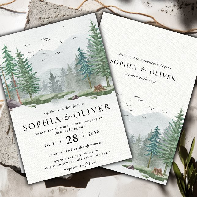 Rustic Watercolor Mountain Green Pine Tree Wedding Invitation (Creator Uploaded)