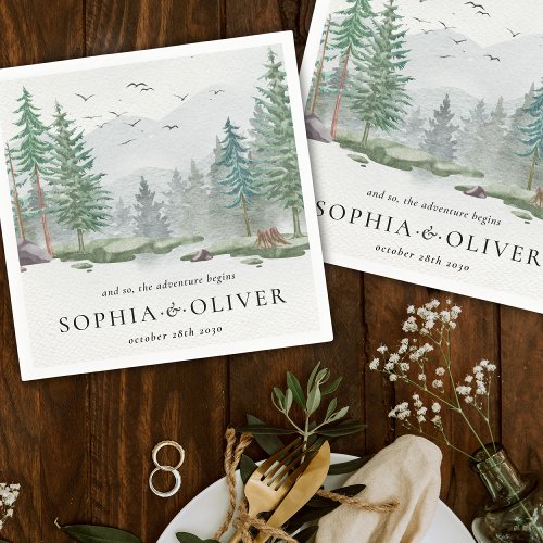 Rustic Watercolor Mountain Green Pine Tree Wedding Napkins