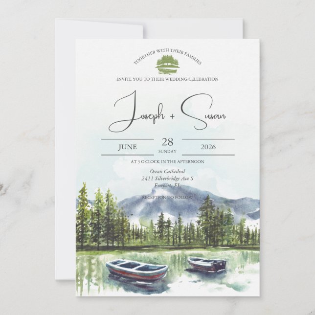  Rustic Watercolor Mountain Lake Greenery Wedding Invitation (Front)